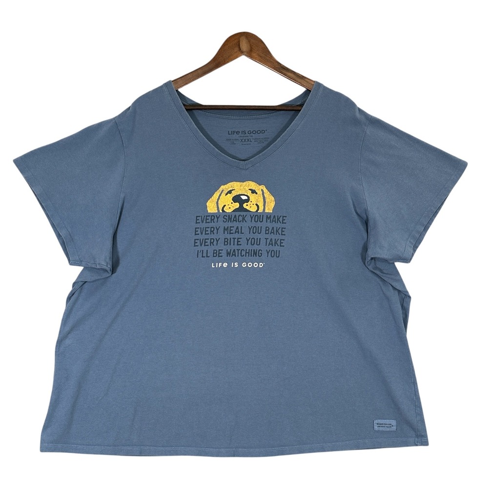 Life is Good Crusher Tee Womens XXXL Blue Good Dog Snack Watching You V-Neck